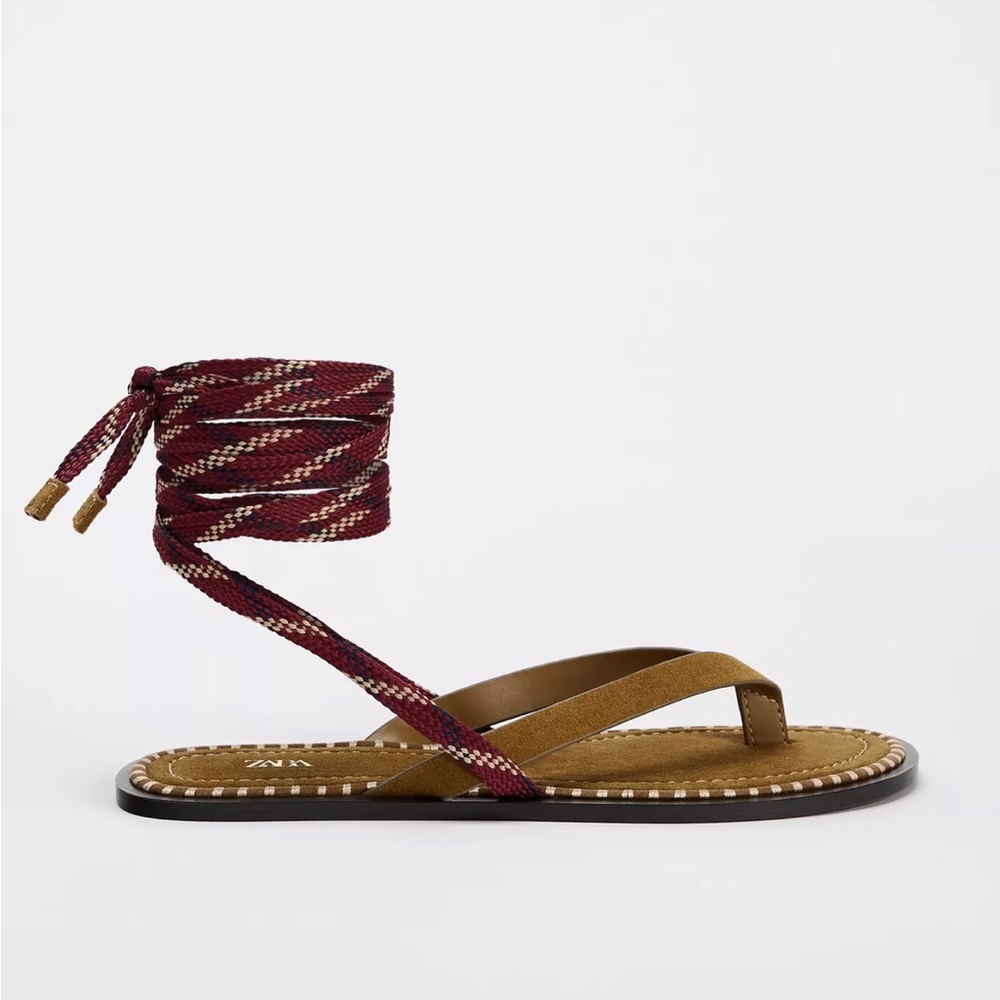 ZARA // Women's Brown Sandals with Red Accents